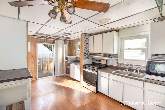 kitchen with sink, white cabinets, appliances with stainless steel finishes, light hardwood / wood-style floors, and tasteful backsplash