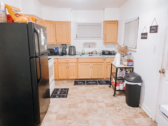 kitchen featuring electric stove, sink, black refrigerator, and light brown cabinets