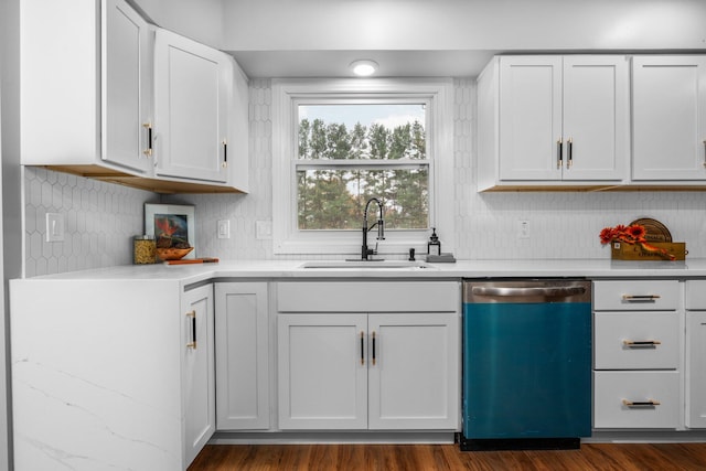 kitchen with sink, dishwasher, dark hardwood / wood-style floors, and white cabinets