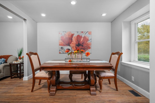 dining space with a healthy amount of sunlight and wood-type flooring