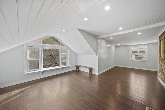 bonus room featuring wood ceiling, cooling unit, vaulted ceiling, and dark hardwood / wood-style floors