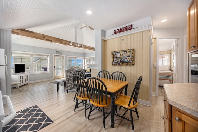 dining room featuring lofted ceiling, light hardwood / wood-style floors, and plenty of natural light