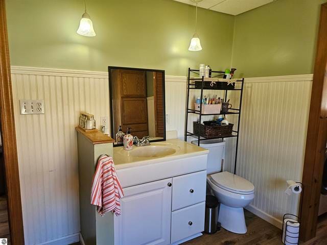 bathroom with vanity, wood-type flooring, and toilet