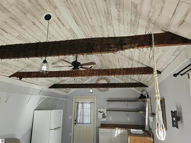 details with wooden ceiling, beamed ceiling, and white refrigerator