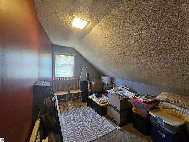 bonus room featuring a textured ceiling, carpet, and vaulted ceiling