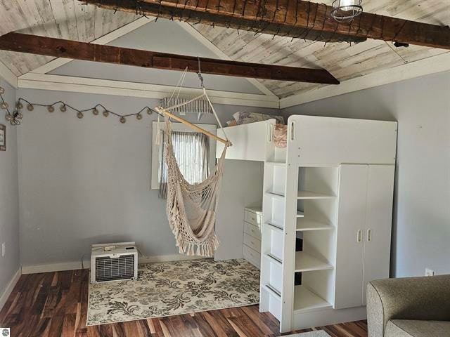 unfurnished bedroom featuring wooden ceiling, dark hardwood / wood-style flooring, and vaulted ceiling with beams