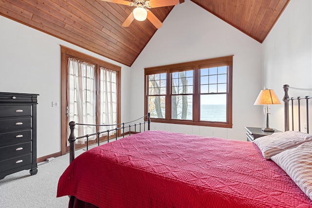 bedroom with wood ceiling, carpet, a water view, high vaulted ceiling, and ceiling fan