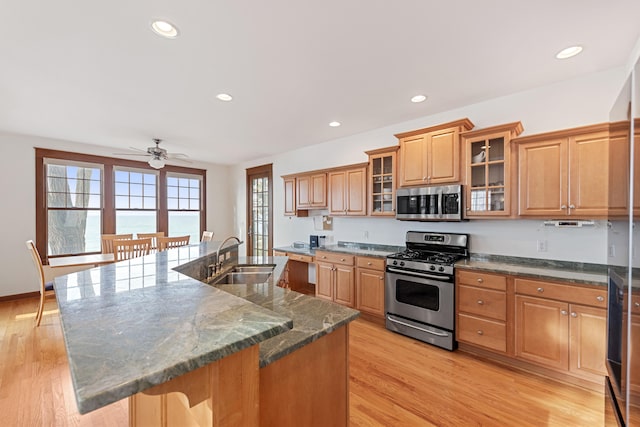 kitchen featuring ceiling fan, appliances with stainless steel finishes, a kitchen island with sink, light hardwood / wood-style floors, and sink