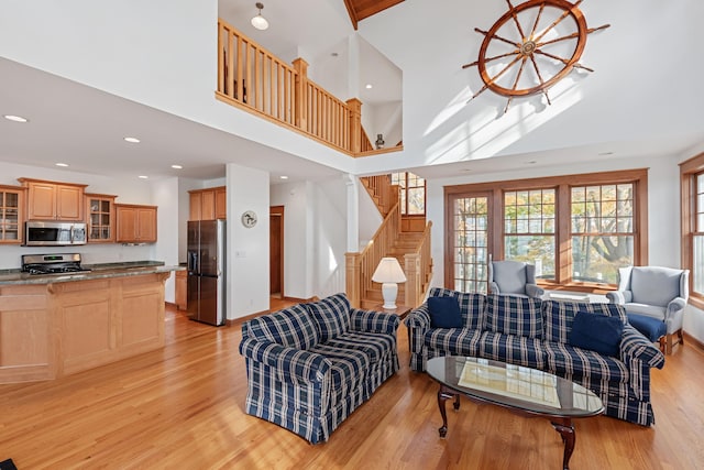 living room featuring a towering ceiling and light hardwood / wood-style flooring