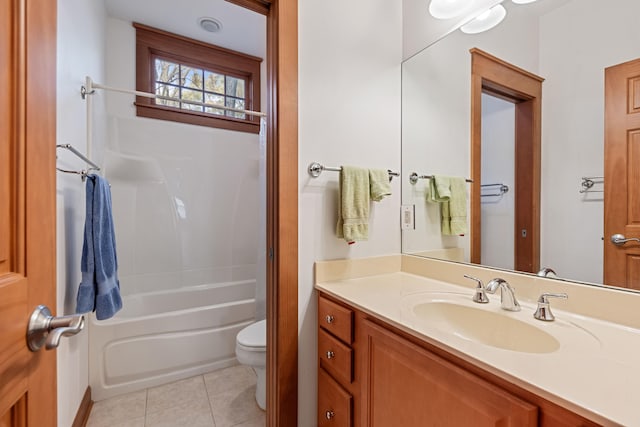 full bathroom with toilet, vanity, bathing tub / shower combination, and tile patterned flooring