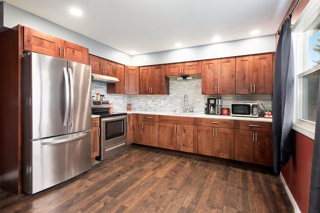 kitchen with backsplash, stainless steel appliances, sink, and dark hardwood / wood-style floors