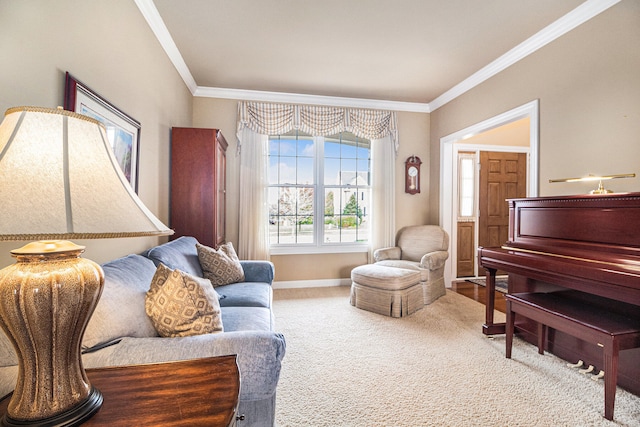 living area with carpet and ornamental molding