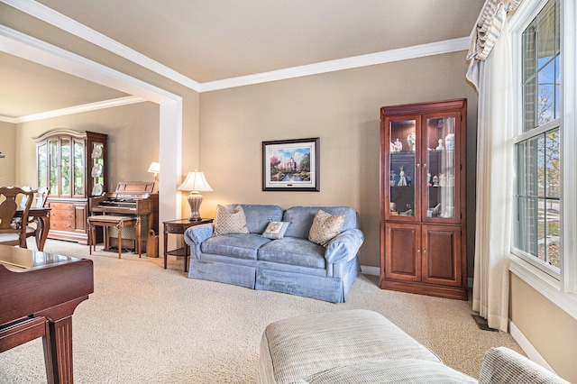 carpeted living room with ornamental molding