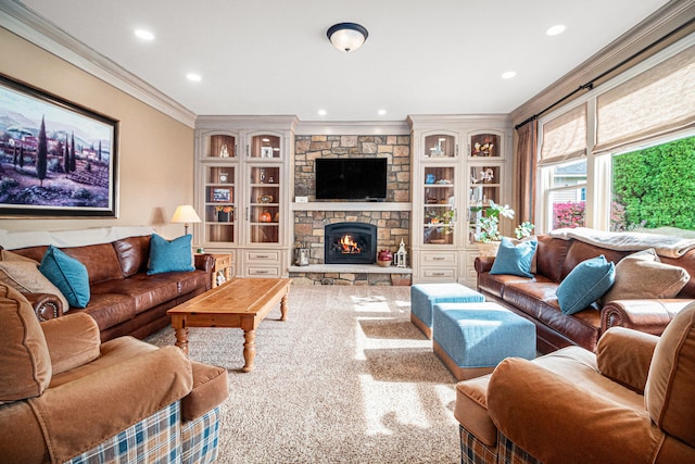 carpeted living room featuring a stone fireplace and ornamental molding