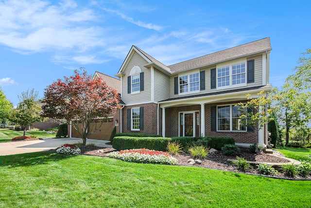 view of front of house with a front lawn and a garage