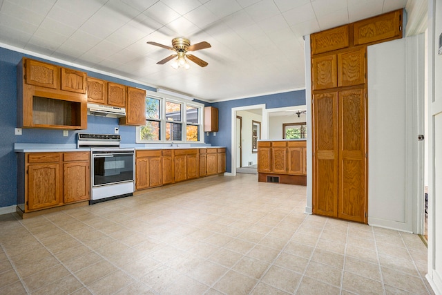 kitchen featuring crown molding, ceiling fan, and electric stove