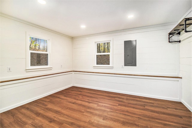 unfurnished room featuring electric panel and dark hardwood / wood-style flooring