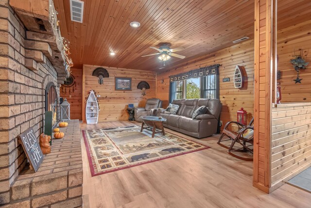 living room featuring a fireplace, wood ceiling, wooden walls, hardwood / wood-style floors, and ceiling fan