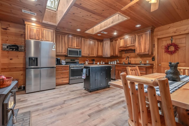 kitchen with stainless steel appliances, ceiling fan, a skylight, a center island, and light wood-type flooring