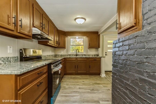 kitchen featuring light stone countertops, sink, light hardwood / wood-style floors, and electric range