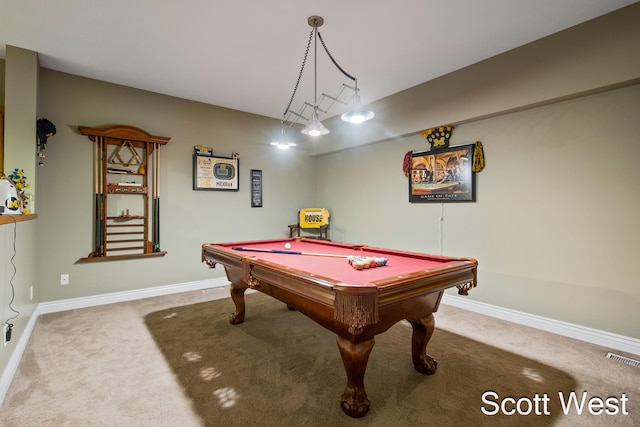 recreation room with carpet floors and billiards