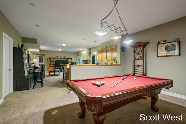 playroom featuring light carpet and billiards