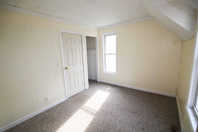 interior space with lofted ceiling and carpet floors