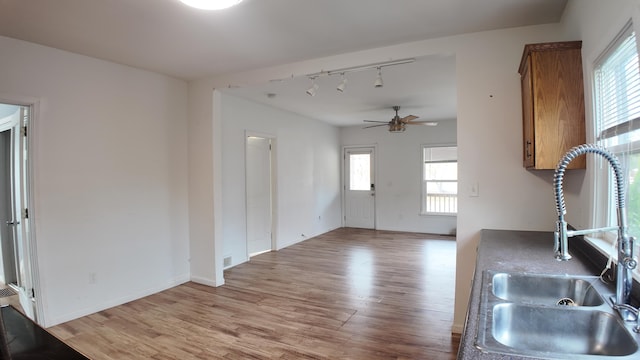 unfurnished living room featuring a healthy amount of sunlight, sink, light wood-type flooring, and ceiling fan