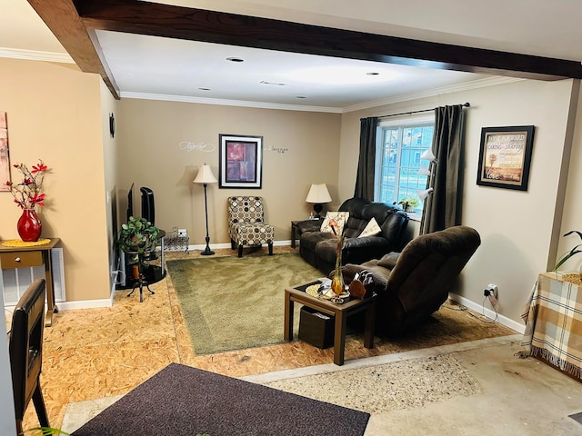 living room with beamed ceiling and ornamental molding