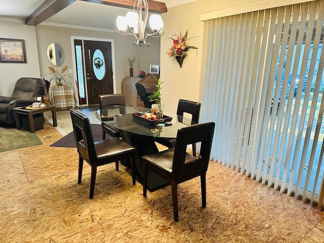 dining space featuring beamed ceiling, ornamental molding, a wealth of natural light, and an inviting chandelier