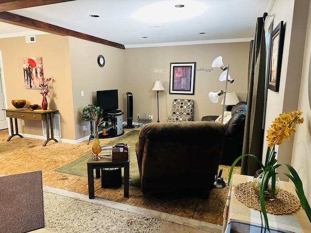 living room featuring crown molding