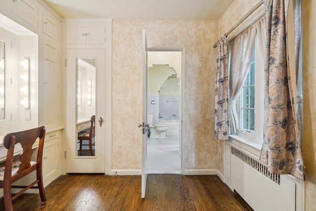 foyer entrance featuring dark hardwood / wood-style flooring and radiator