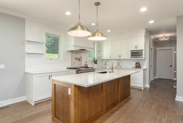 kitchen with white cabinetry, a center island with sink, stainless steel appliances, and wood-type flooring