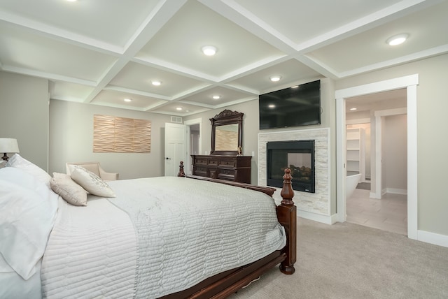 carpeted bedroom featuring beamed ceiling, a multi sided fireplace, and coffered ceiling