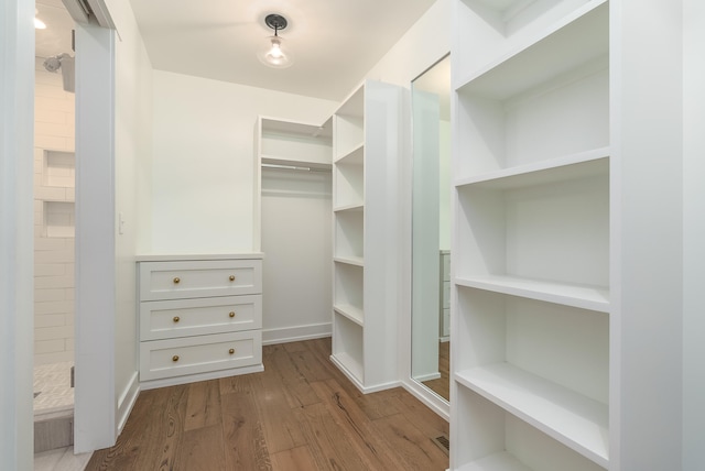 walk in closet with light hardwood / wood-style floors