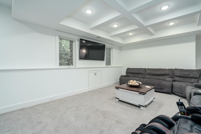 carpeted living room featuring coffered ceiling and beamed ceiling