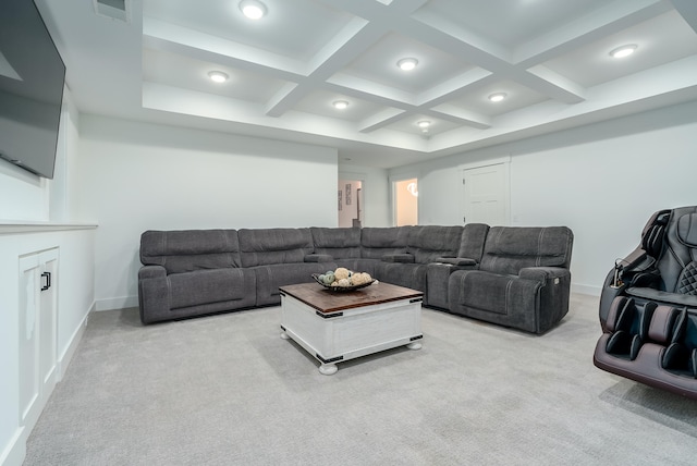 living room featuring beam ceiling, carpet, and coffered ceiling