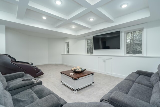 living room featuring coffered ceiling, beamed ceiling, and light colored carpet