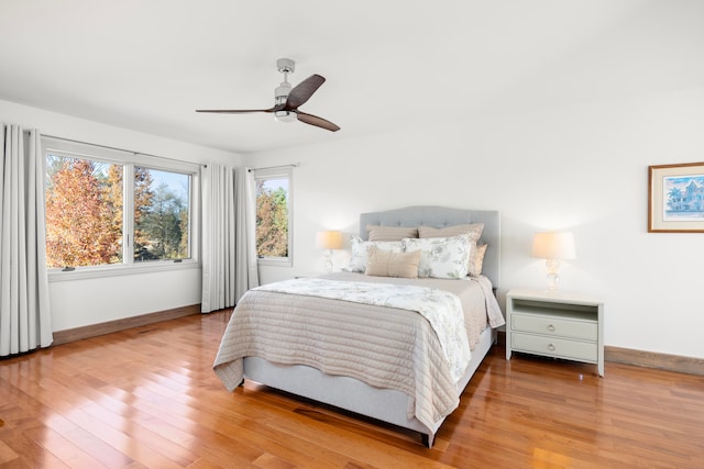 bedroom featuring light wood-type flooring and ceiling fan