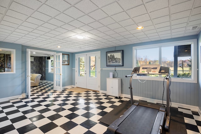 workout area featuring french doors