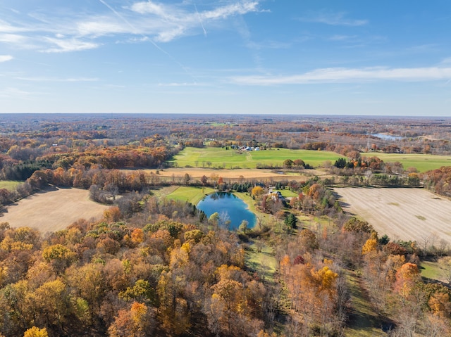 bird's eye view featuring a water view and a rural view