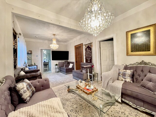 living room with a chandelier