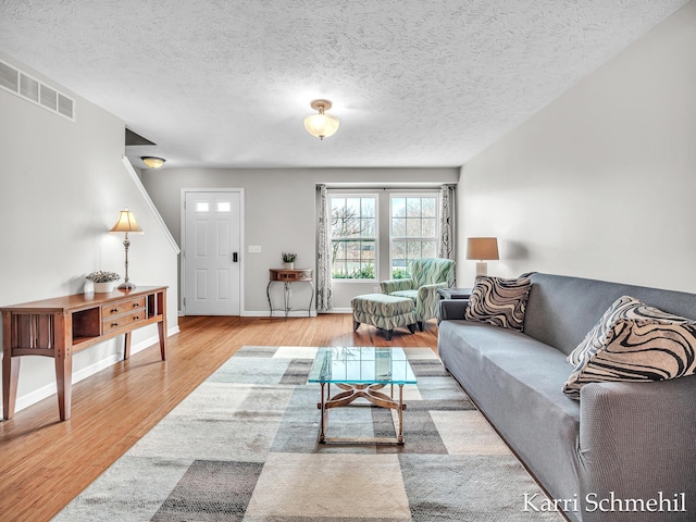 living room with hardwood / wood-style flooring and a textured ceiling