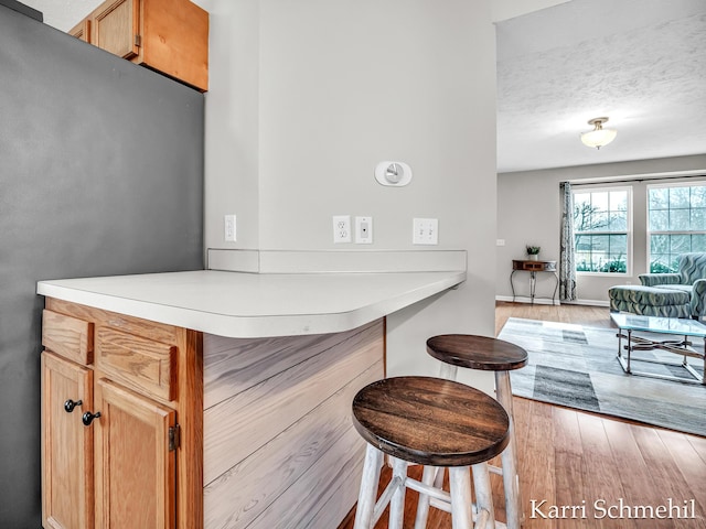 bar featuring stainless steel refrigerator, light hardwood / wood-style floors, and a textured ceiling