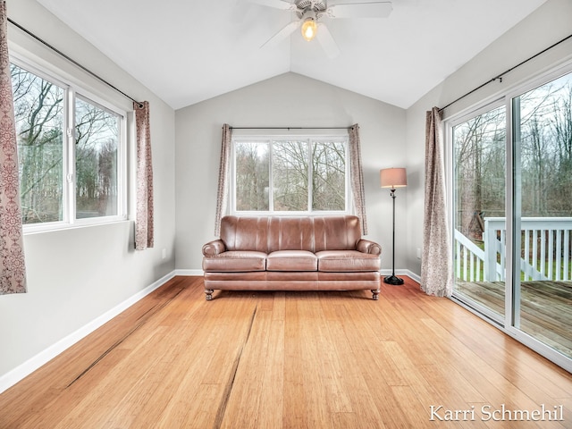 living room featuring ceiling fan, a healthy amount of sunlight, wood-type flooring, and vaulted ceiling