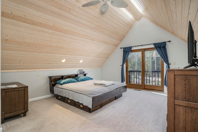 bedroom with wood ceiling, access to outside, light carpet, vaulted ceiling, and ceiling fan