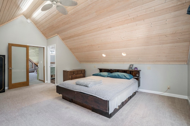 bedroom featuring lofted ceiling, carpet floors, wooden ceiling, and ceiling fan