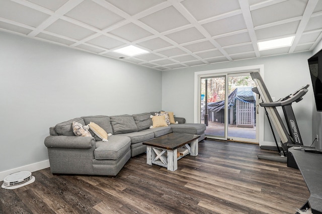 living room featuring dark wood-type flooring and coffered ceiling