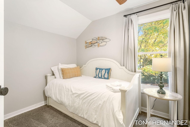 carpeted bedroom with lofted ceiling