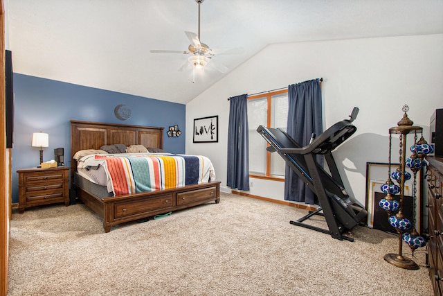 bedroom featuring lofted ceiling, carpet, and ceiling fan